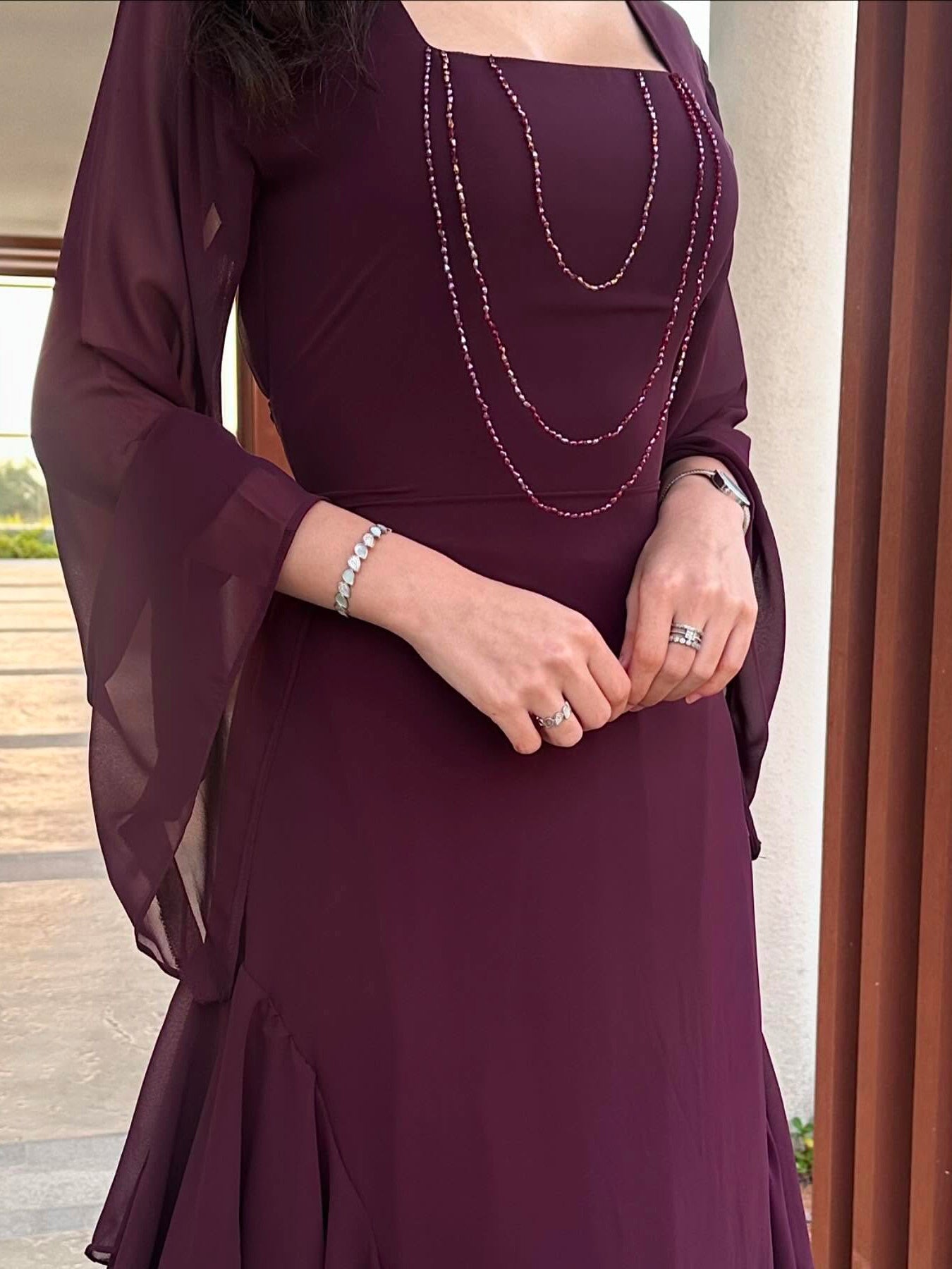 Burgundy Beaded Square Neck Ruffle Maxi Dress