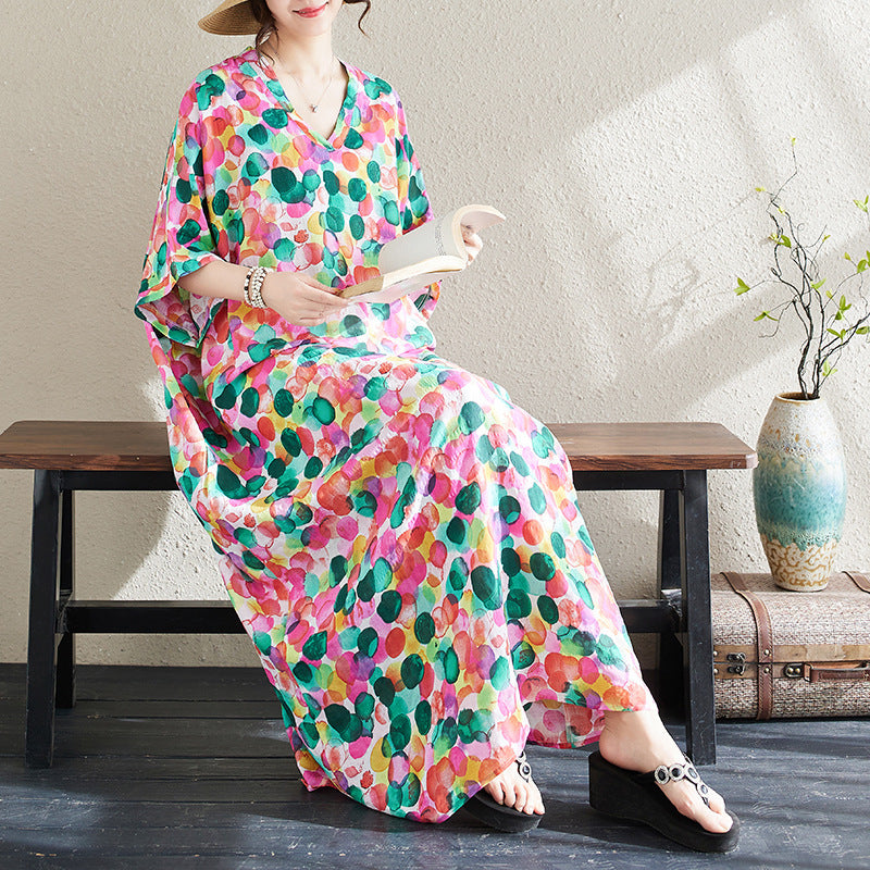 Ethnic Style V-neck Printed Striped Dress Women