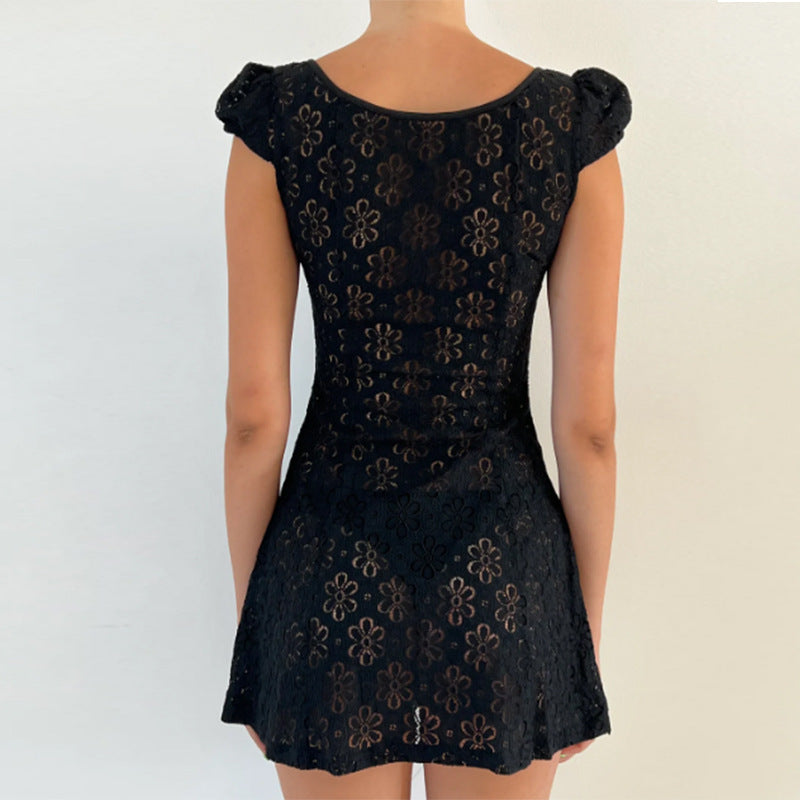 V-neck Short Sleeve Hollow-out Short Dress