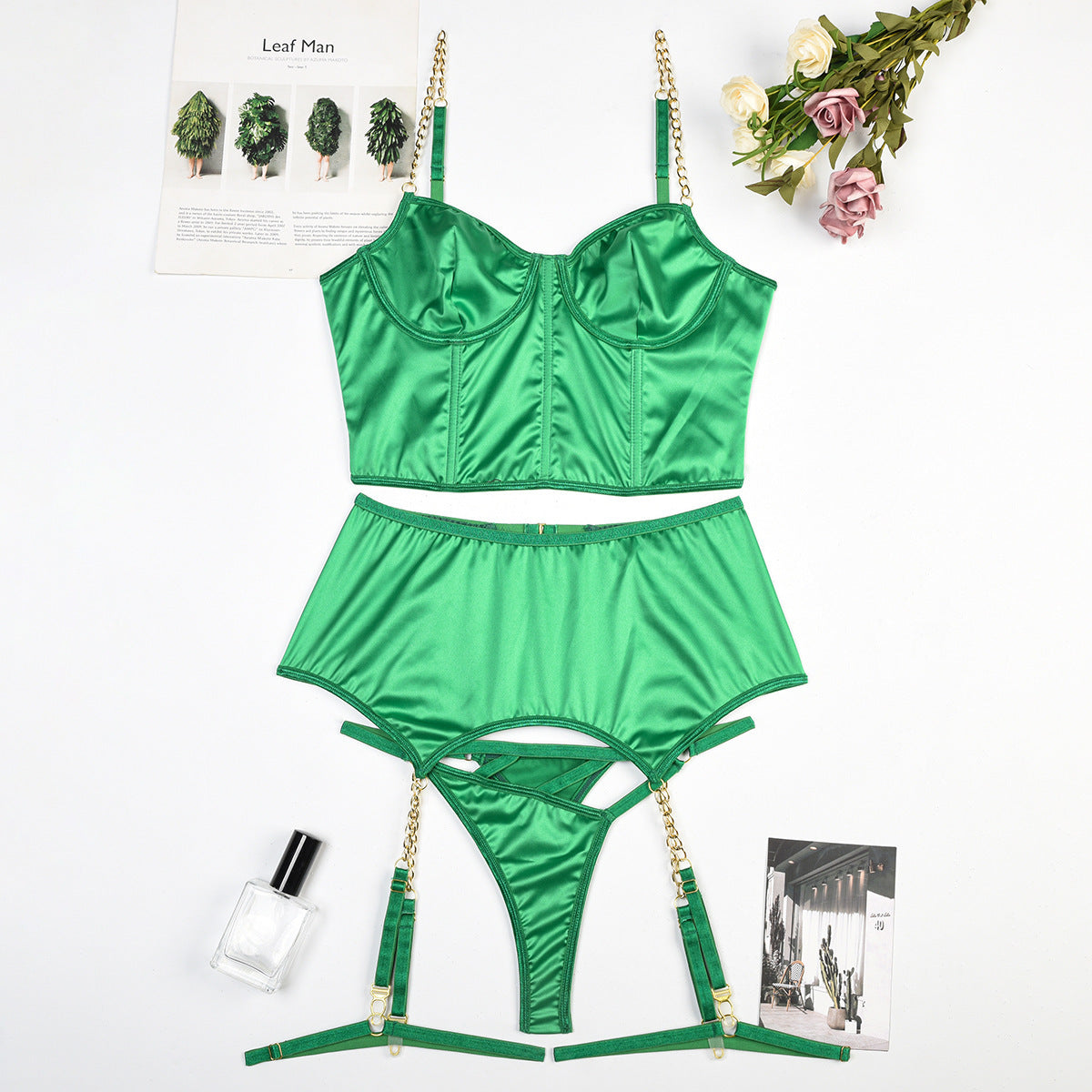Green Satin High-end Lingerie Three-piece Set Women's Chain