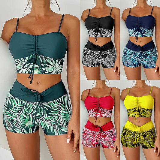 Women's Split High Waist Boxer Lace Printing Swimsuit