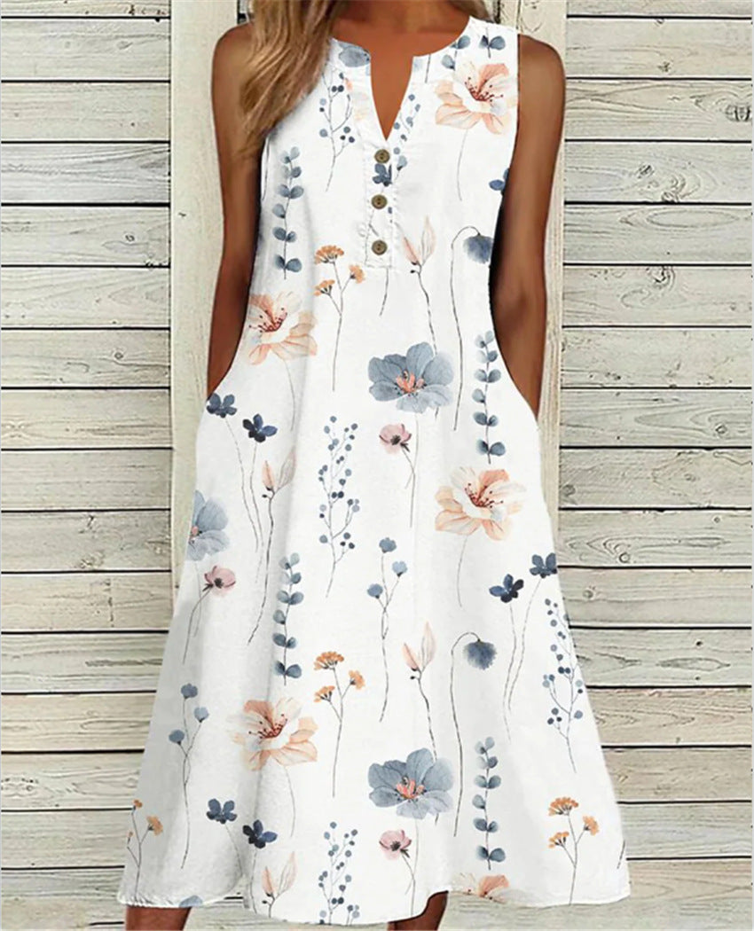 Summer V-neck Casual Printed Long A- Line Skirt