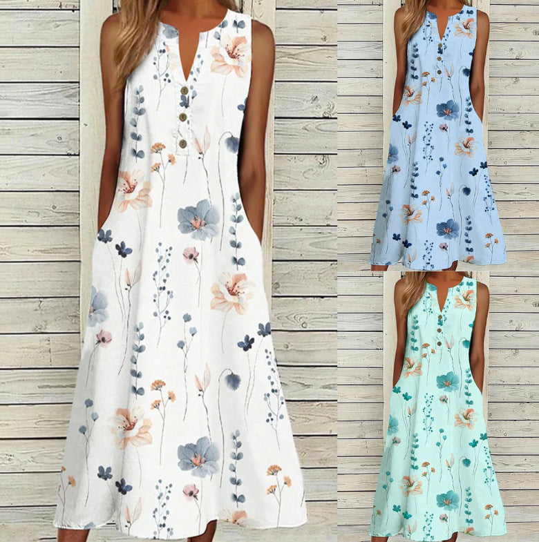 Summer V-neck Casual Printed Long A- Line Skirt