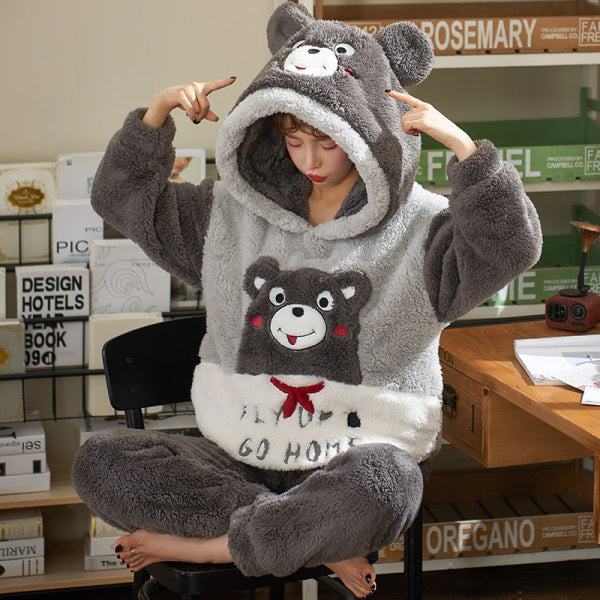 Pajamas Women Winter Plush Coral Fleece Korean Style Long Sleeves