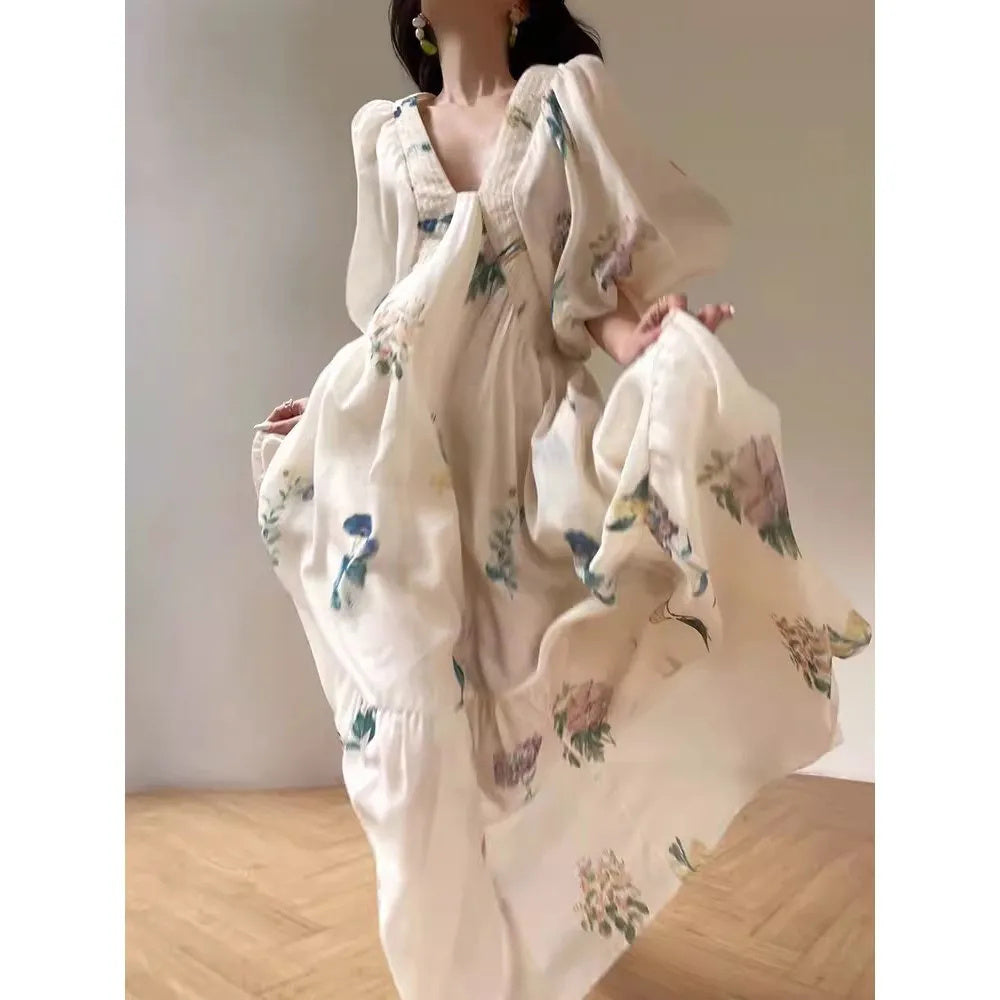 New French High-end Retro Printed Vacation Style Dress