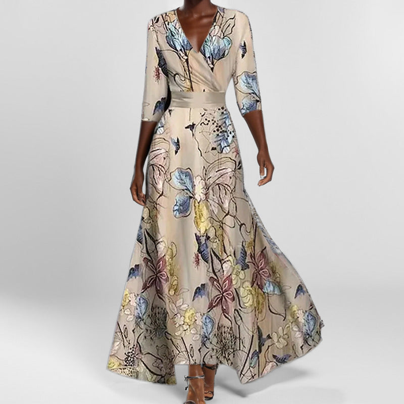 Tight Waist Slim Print V-neck Long-sleeve Dress