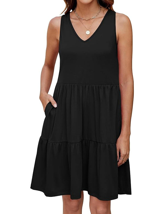Casual V-neck Layered Pleated Sleeveless Vest Dress