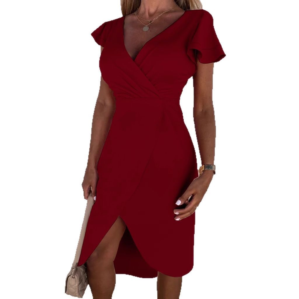 Women's New V-neck Ruffle Solid Color Dress