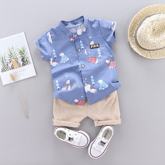 Children's leather label bear shirt short sleeve two-piece suit