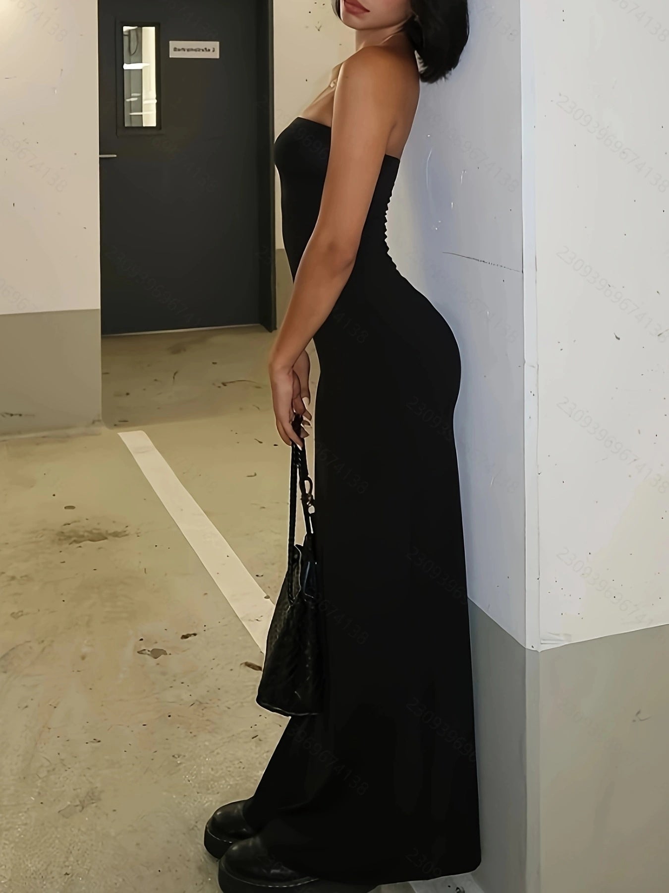 A Line Neck Sexy Chest Bare Back Solid Color Slim-fit Slit Long Dress