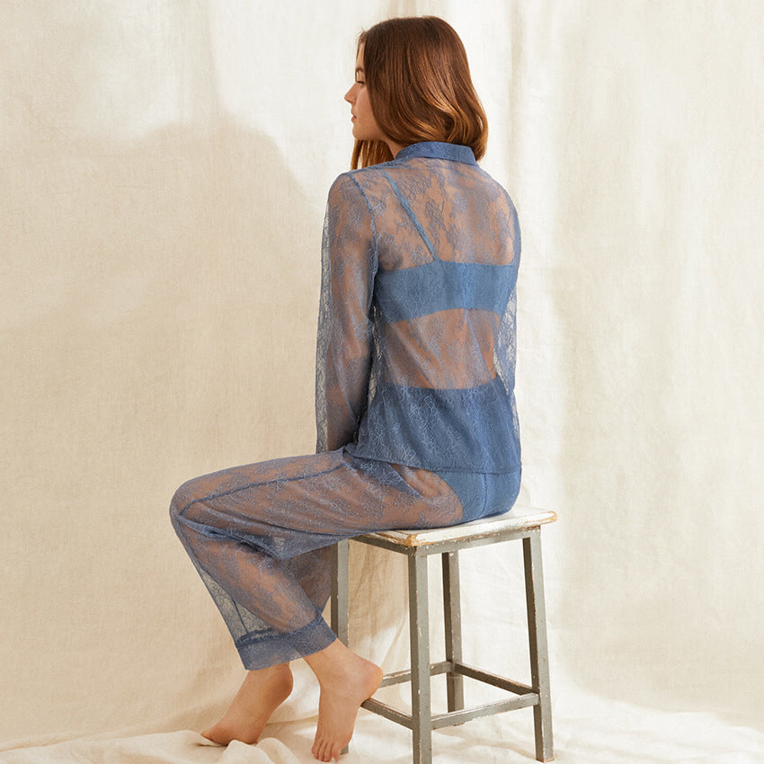 European And American Lace See-through Dress Long-sleeved Lapel Sexy Sexy Net Gauze Pajamas Women