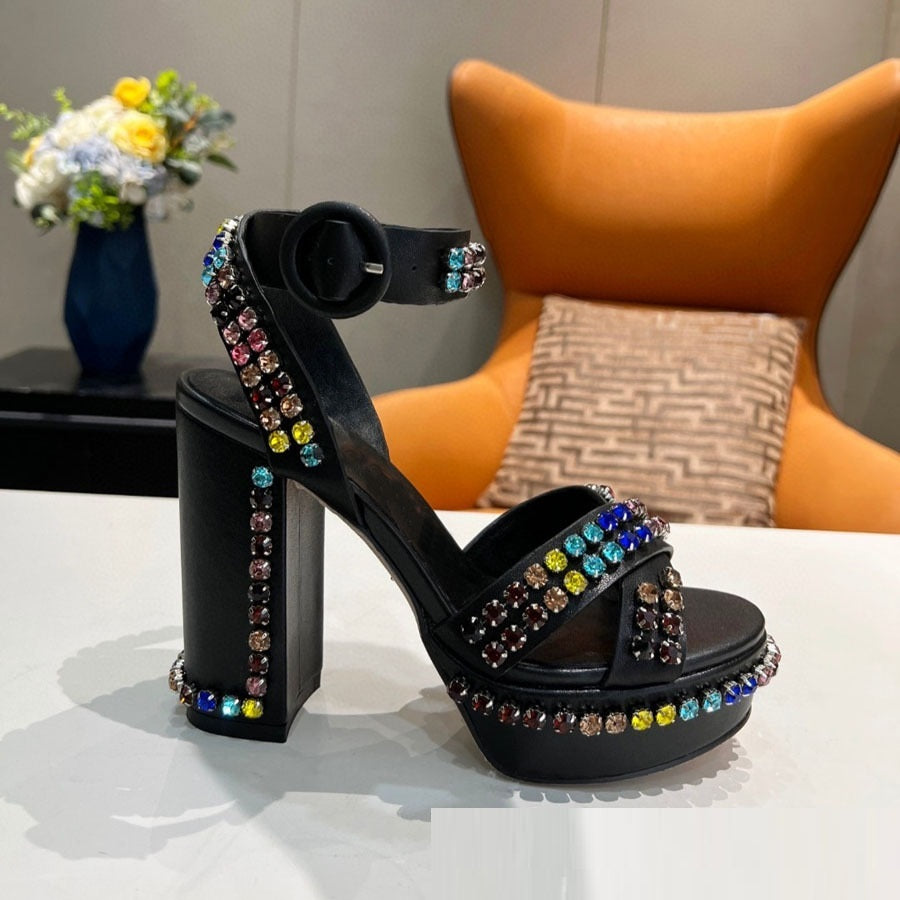 Chunky Heel Platform High Heel Roman Authentic Leather Rhinestones Open Toe Buckle Sandals
