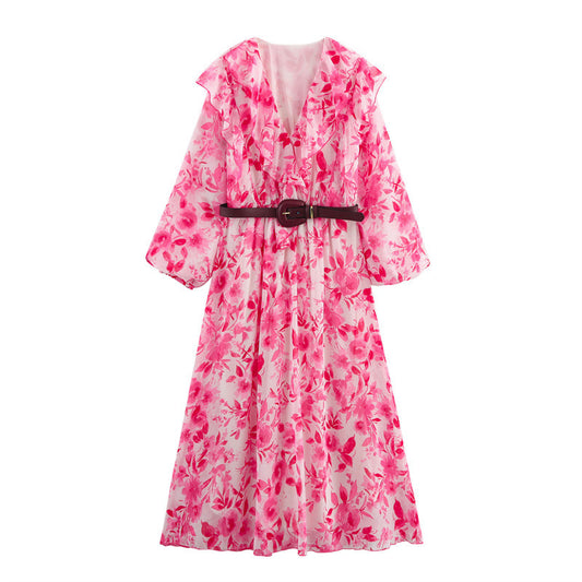 European And American Fashion With Belt Printing Midi Skirt Dress