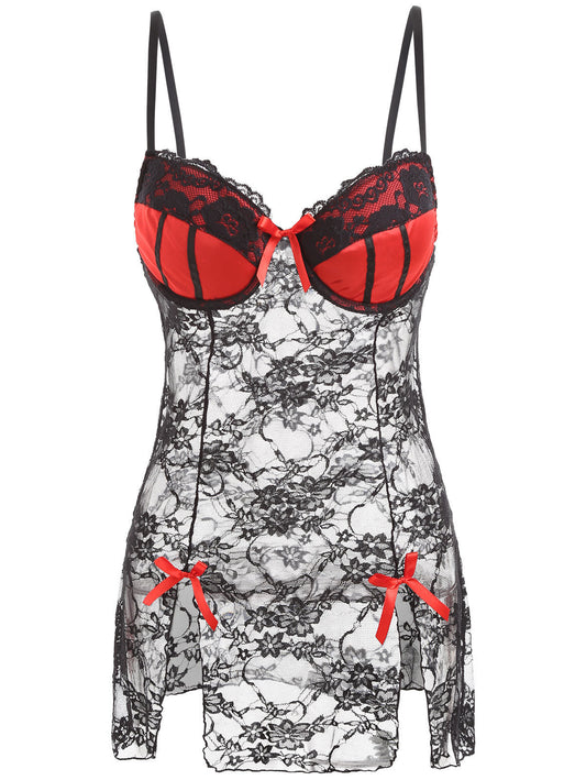 Sexy Lingerie Gathered Open Back See-Through Pajamas Lace Hollow Nightdress