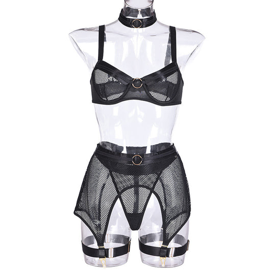 European And American Sexy Lingerie Four-Piece Mesh Iron Ring Stitching Collar Sexy Ladies Underwear