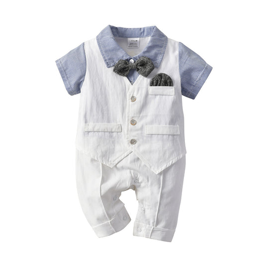 Boys Fake Two-piece Romper With Bow Tie Gentleman Romper Suit