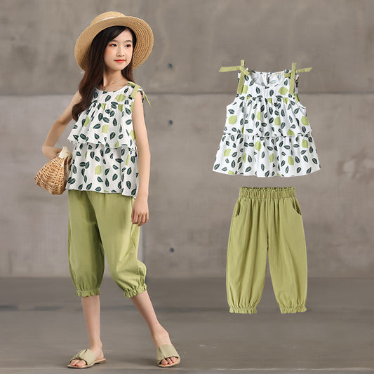 Girls' Cropped Trousers Suit Floral Two-piece Suit