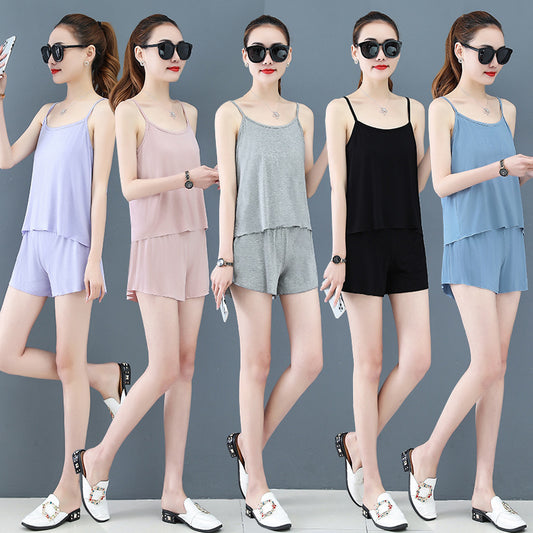 Two-Piece Summer Sexy Suspender Shorts Women Thin Pajamas
