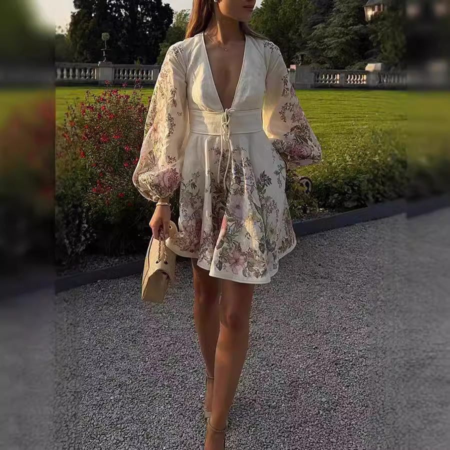 Printing Stylish Lace-up Dress