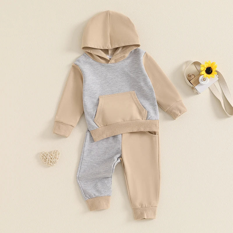 Boys' Long-sleeved Stitching Solid Color Rib Slim Fit Pullover Fashion Sweater Trousers Two-piece Set