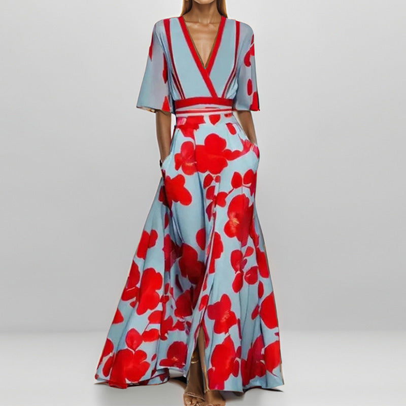 Tight Waist Slim Print V-neck Long-sleeve Dress