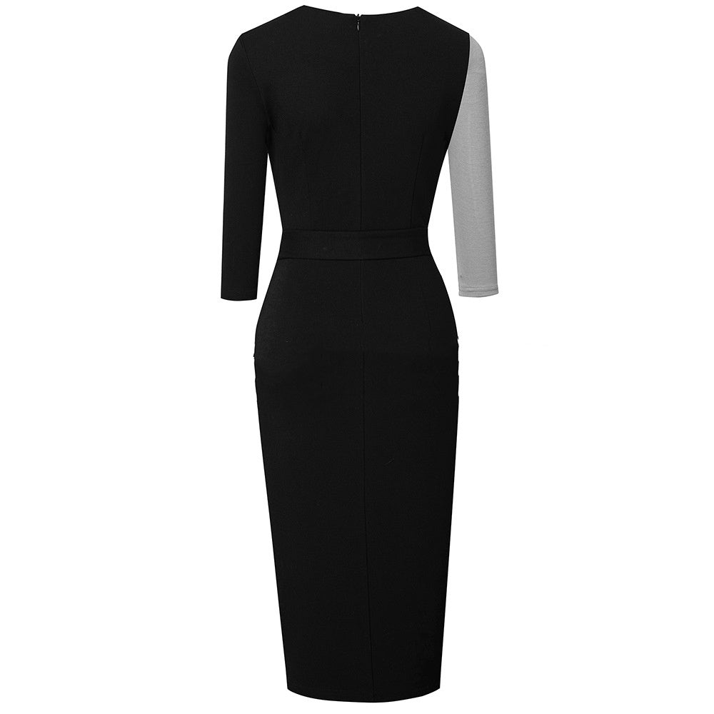 Women's Mid-waist Stitching Color-block V Neck Commuting Business Dress