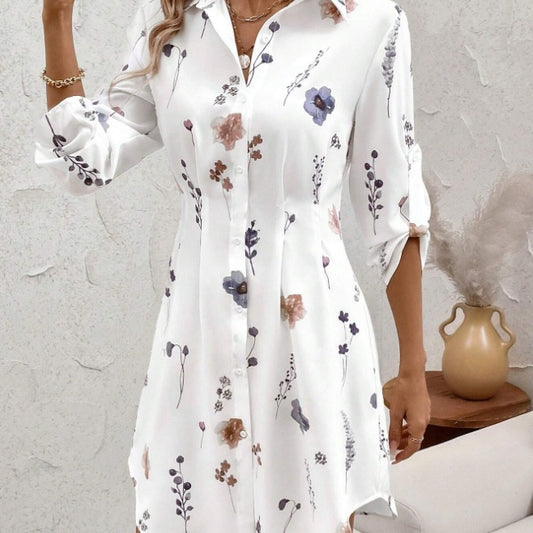 Women's Autumn Winter Fashionable Versatile Commuter Floral Print Shirt Dress