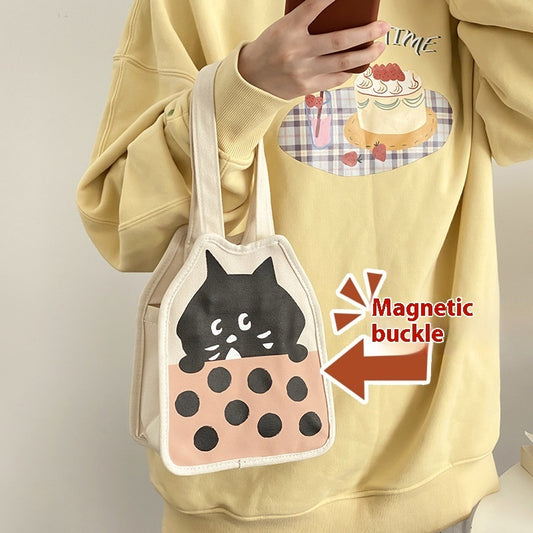 Casual Hand-carrying Cute Kitten Illustration Canvas Bag Female