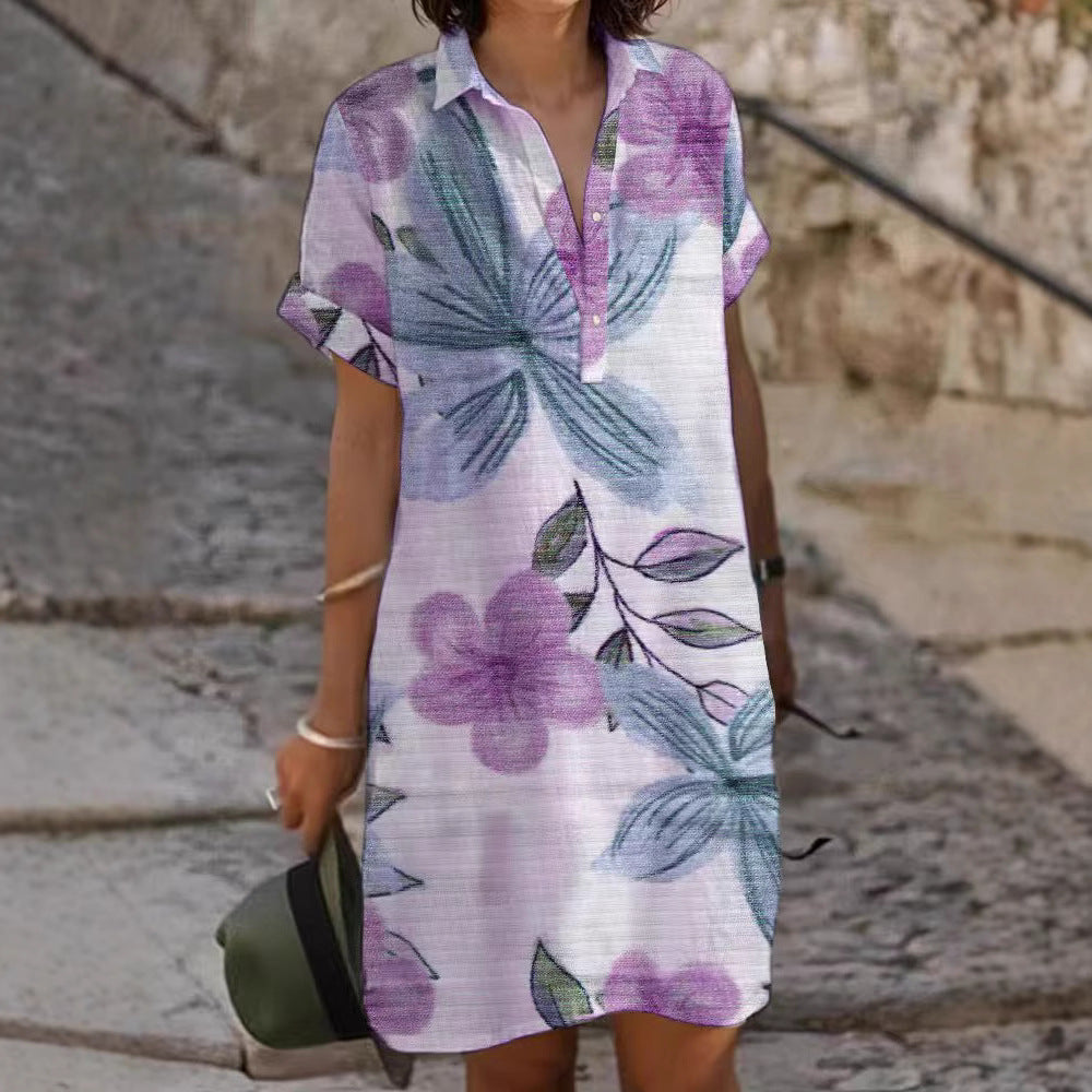 Women's Loose Fashion Printing Lapel Dress