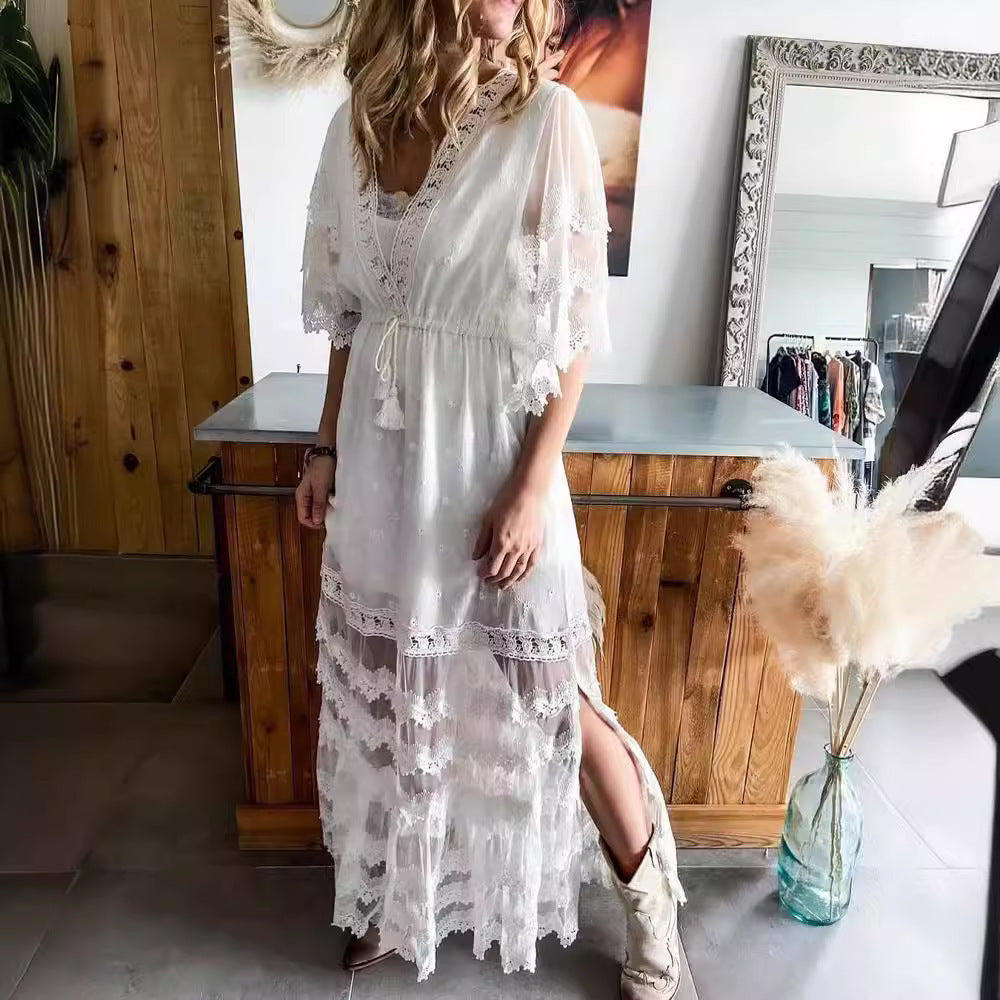 V-neck Lace Stitching Bohemian Style Dress