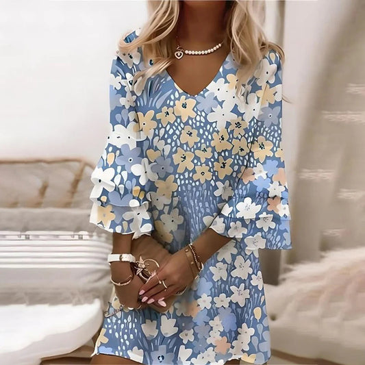 Summer Flared Sleeves V-neck 3D Digital Printing Midi Dress