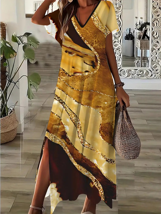 Elegant Floral Print V-Neck Dress For Women