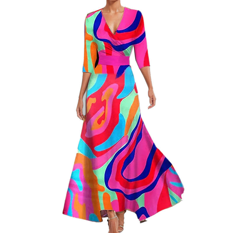 Tight Waist Slim Print V-neck Long-sleeve Dress