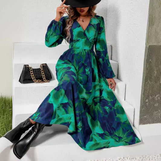 Women's SpringSummer Temperament Waist-controlled V-neck Print Dress