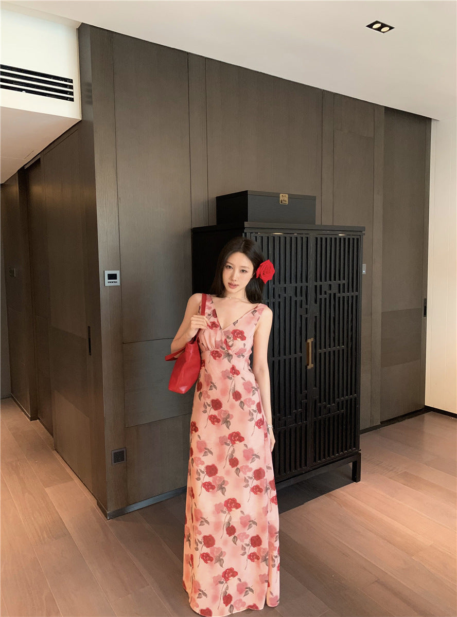 Temperament Ladies V-neck Slim Fit Vacation Style Dress