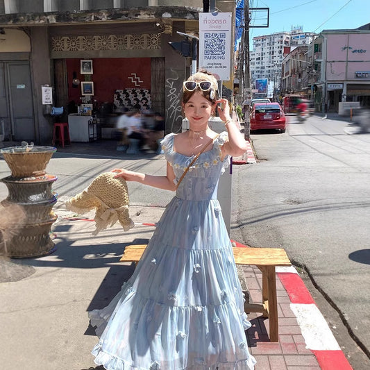 Blue Long Chiffon Printed Flying Sleeve Sling Dress