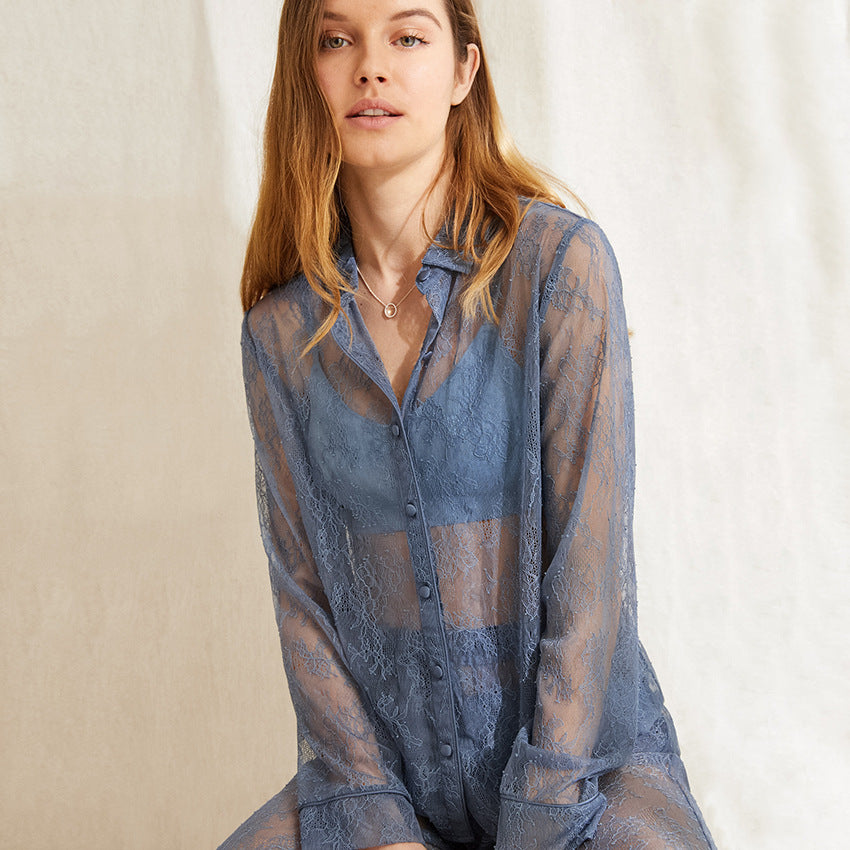 European And American Lace See-through Dress Long-sleeved Lapel Sexy Sexy Net Gauze Pajamas Women