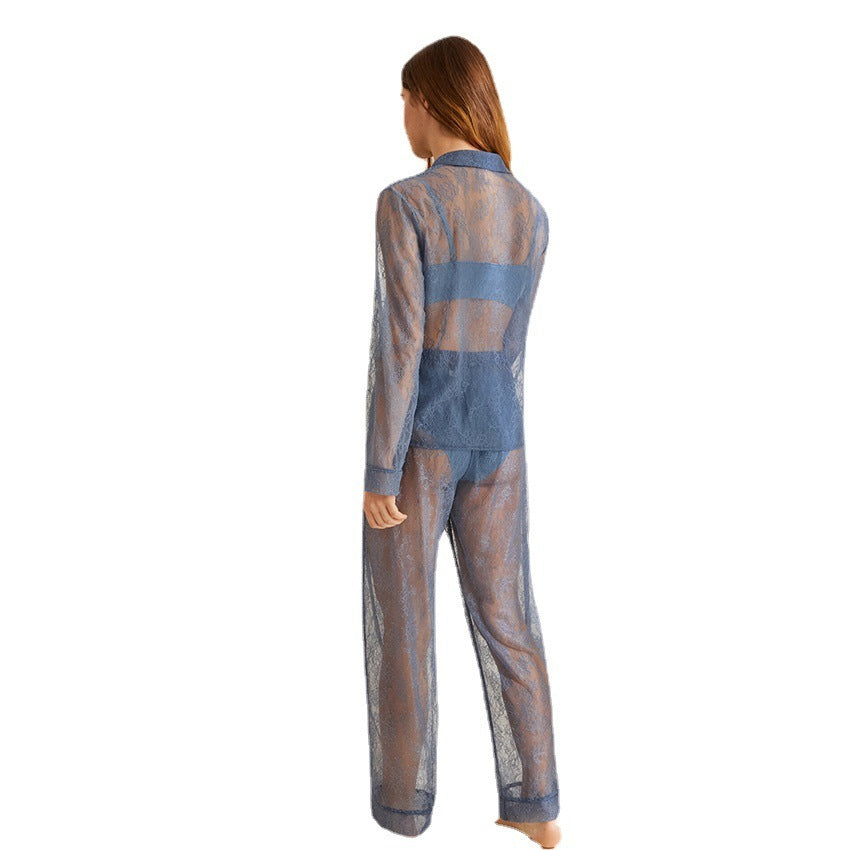 European And American Lace See-through Dress Long-sleeved Lapel Sexy Sexy Net Gauze Pajamas Women