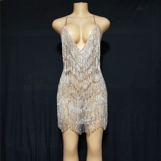Sexy Deep V Rhinestone Tassel Bulk Evening Gown