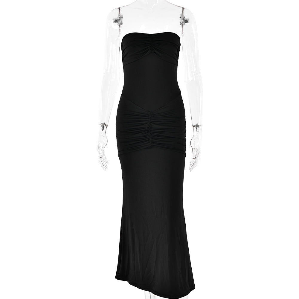 European And American Sexy Tight Strapless Backless Pleated Solid Color Dress
