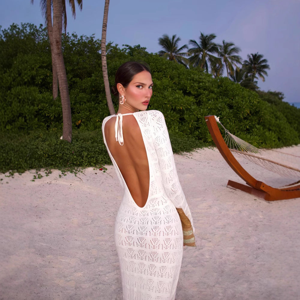 Round Neck Knitted Long Flared Sleeves Dress