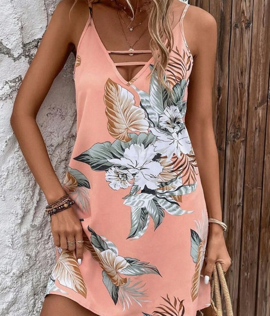 ROSE Tropical Print Cut Out Front Cami Dress