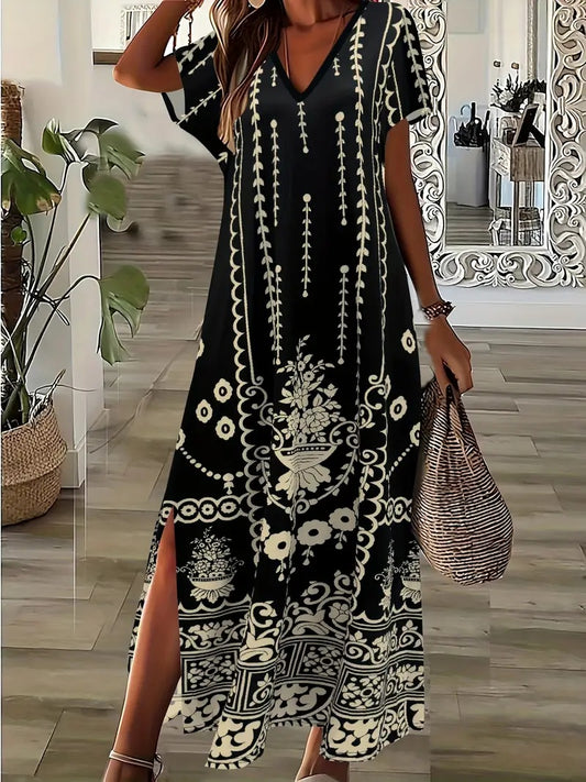 Elegant Floral Print V-Neck Dress For Women