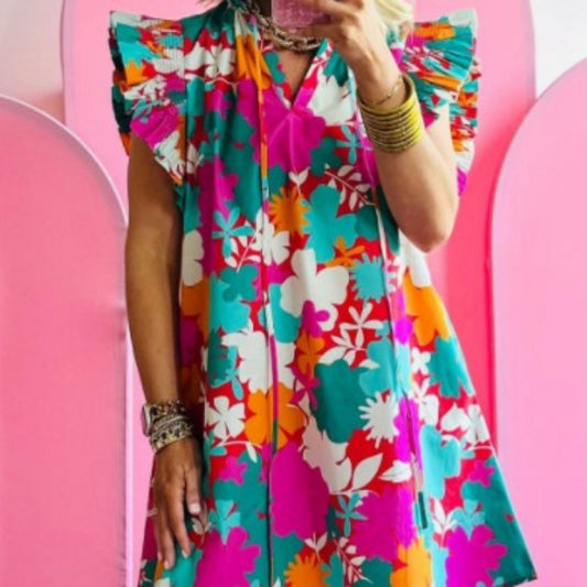 Open Neck Flowing Sleeve Mini Dress