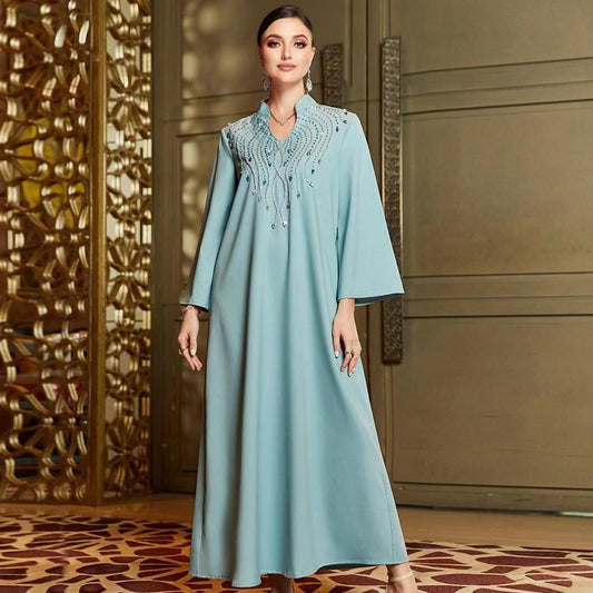 Ethnic Style Light Luxury Women's Stand Collar Handmade Beaded Loose Dress