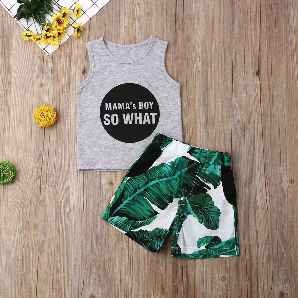 Gray Letters Vest Green Leaf Shorts Suit