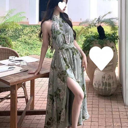 Summer Sleeveless Elegant Waist Trimming Printing Skirt