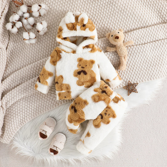 Fashion Velvet Padded Thick Full Printed Bear Hooded Long-sleeve Suit