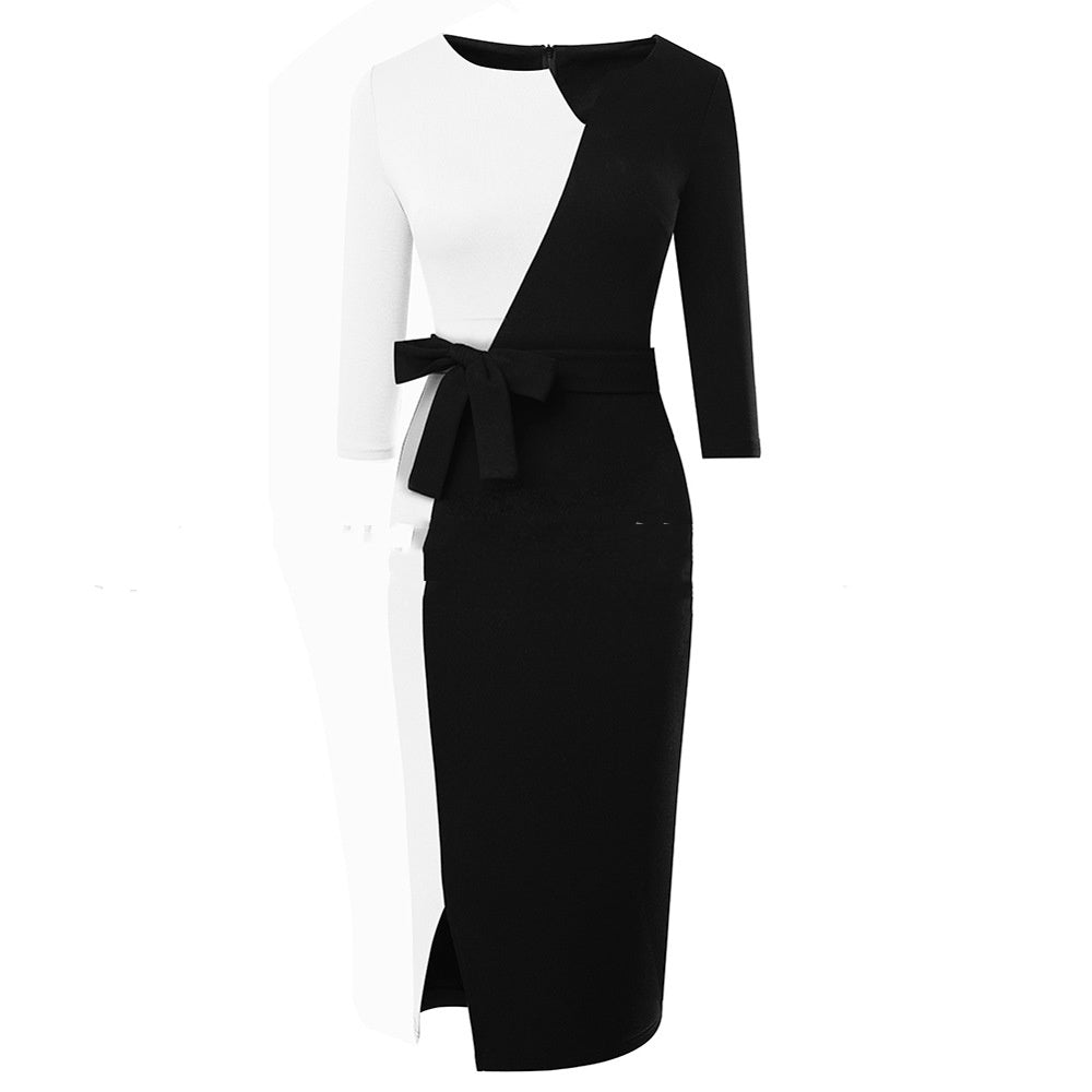 Women's Mid-waist Stitching Color-block V Neck Commuting Business Dress