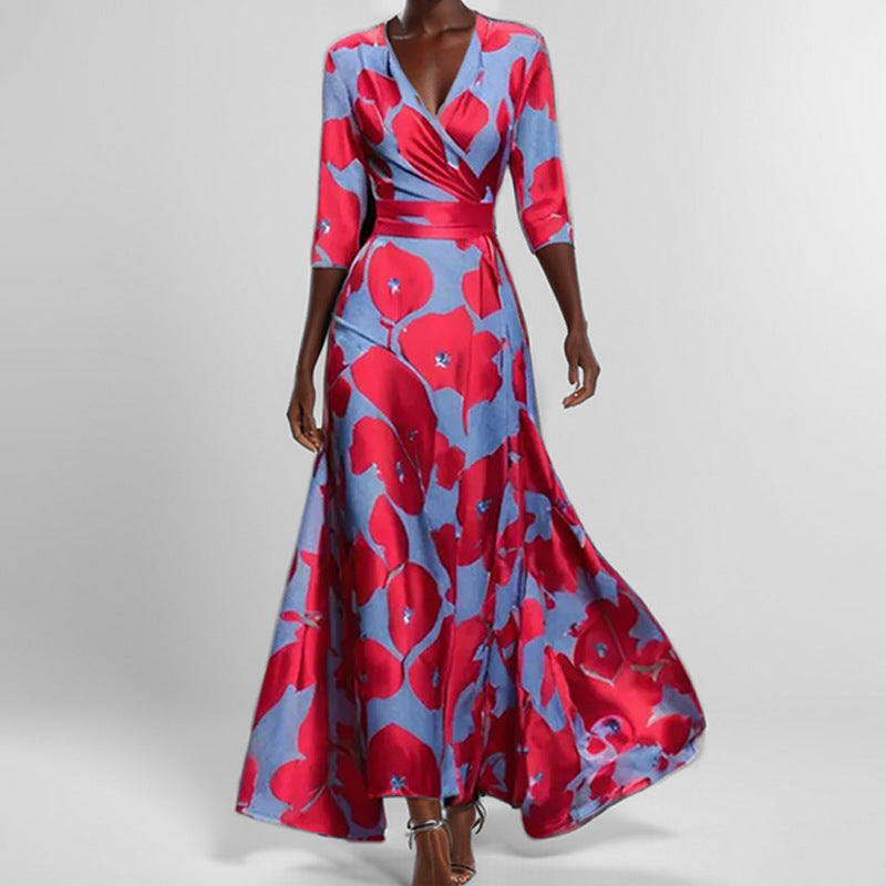 Tight Waist Slim Print V-neck Long-sleeve Dress